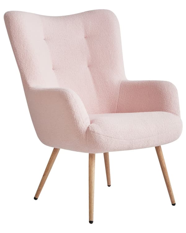 Lænestol med skammel Pink Boucléstof Knap ensfarvet mønster Retro Stil Stue Opholdsrum