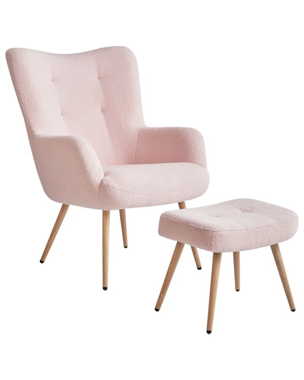 Lænestol med skammel Pink Boucléstof Knap ensfarvet mønster Retro Stil Stue Opholdsrum