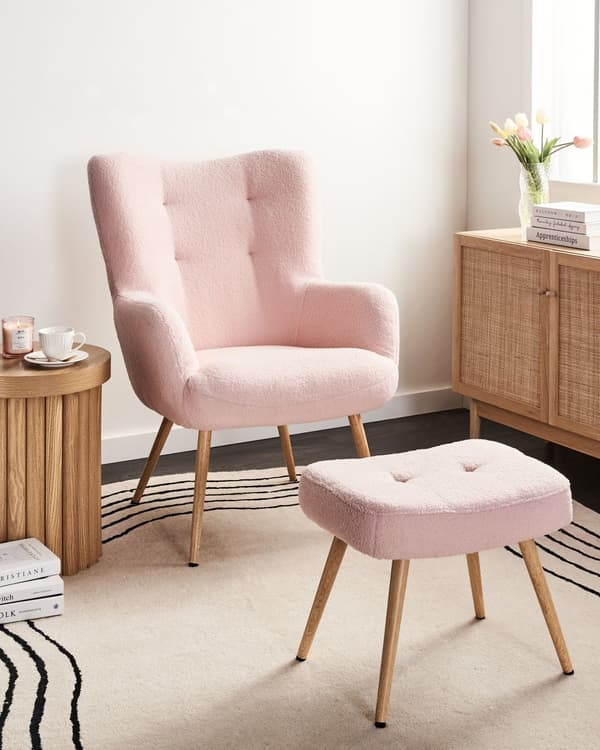 Lænestol med skammel Pink Boucléstof Knap ensfarvet mønster Retro Stil Stue Opholdsrum