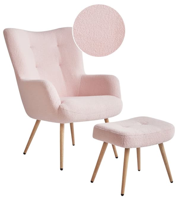 Lænestol med skammel Pink Boucléstof Knap ensfarvet mønster Retro Stil Stue Opholdsrum