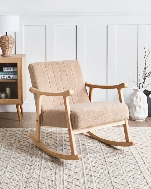 Gyngestol Beige Boucle Polstring Ben i Gummitre med Armlener Stue Barnehage