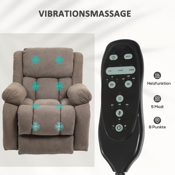 Rootz TV Recliner med massage & värme - Elektrisk stand -up stol - 45 ° Säteshöjning - 93W x 104d x 100h cm