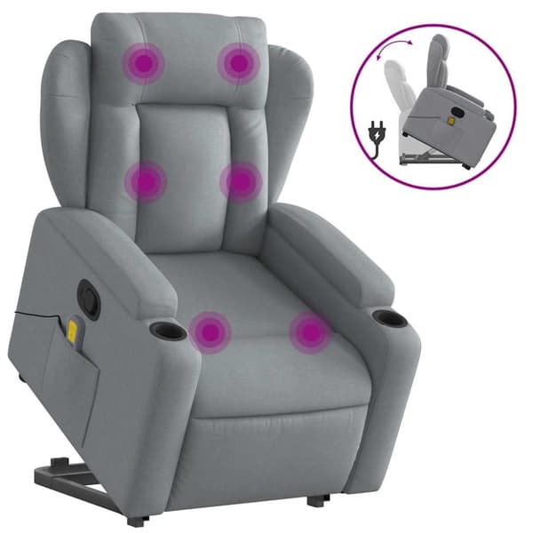 Massagefåtölj med uppresningshjälp ljusgrå tyg