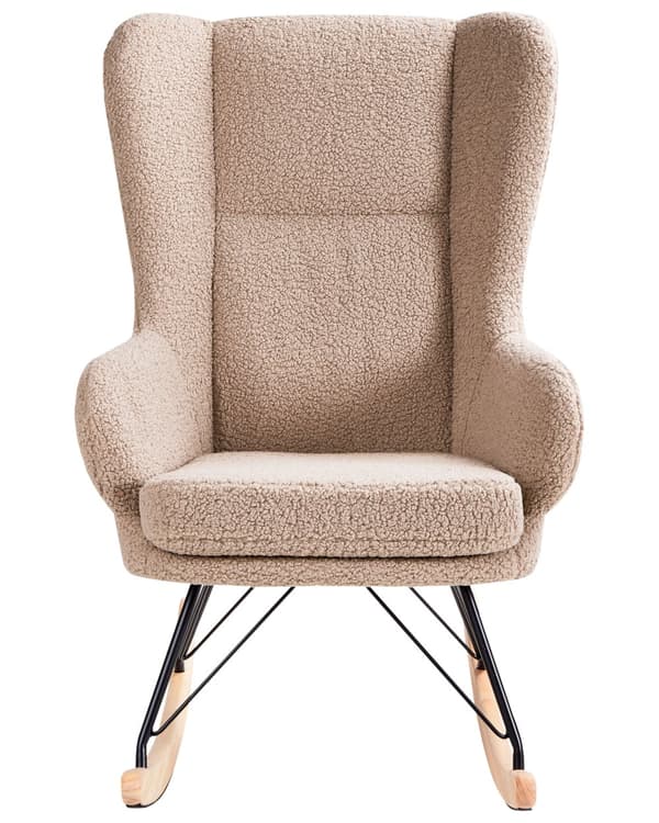 Gyngestol Beige Boucle Polstring Metall Svarte Ben med Armlener Høy Rygg Ryggstøtte Stue Barnehage