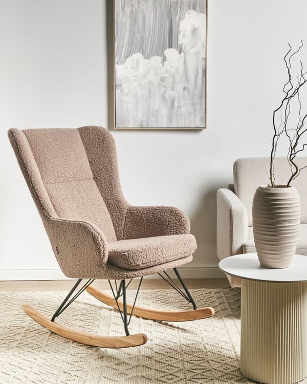 Gyngestol Beige Boucle Polstring Metall Svarte Ben med Armlener Høy Rygg Ryggstøtte Stue Barnehage