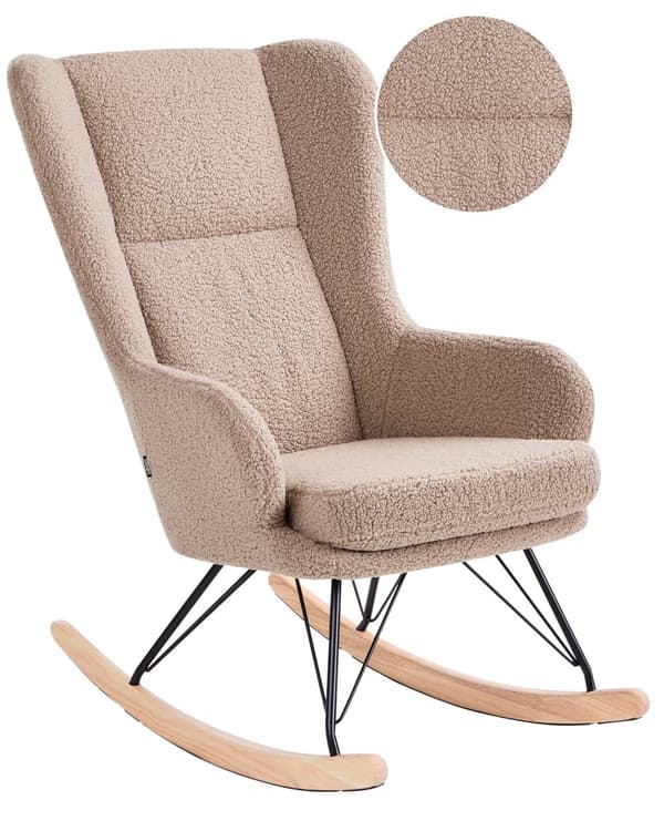 Gyngestol Beige Boucle Polstring Metall Svarte Ben med Armlener Høy Rygg Ryggstøtte Stue Barnehage