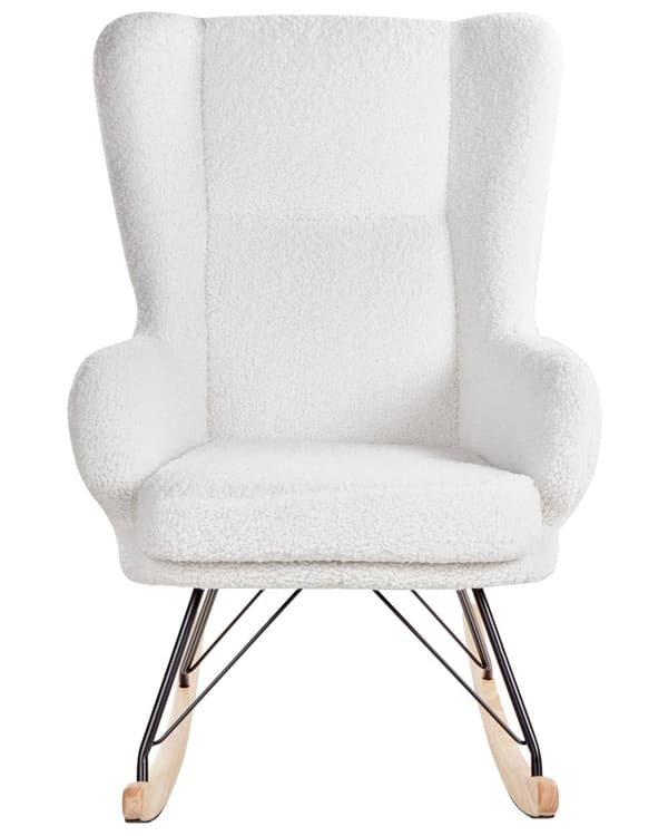 Gyngestol Off White Boucle Polstring Metall Svarte Ben med Armlener Høy Rygg Ryggstøtte Stue Barnehage