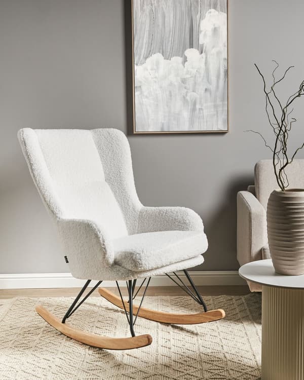 Gyngestol Off White Boucle Polstring Metall Svarte Ben med Armlener Høy Rygg Ryggstøtte Stue Barnehage