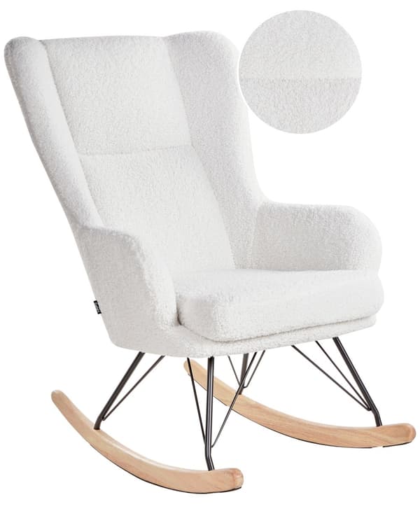 Gyngestol Off White Boucle Polstring Metall Svarte Ben med Armlener Høy Rygg Ryggstøtte Stue Barnehage
