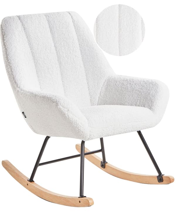 Gyngestol Off White Boucle Polstring Teddy Metall Svart Ben Armlener Bredt Ryggstøtte Stue