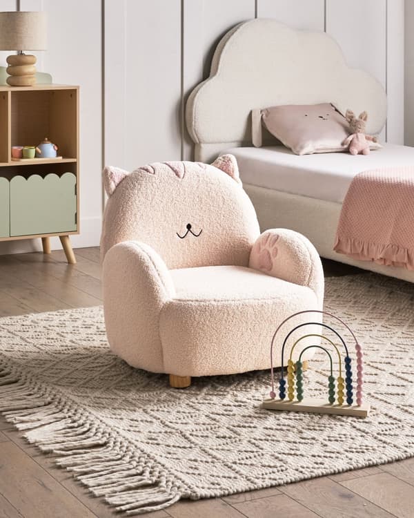 Lenestol for barn Off-white Bouclé Formet som en katt Lavt sete Armlener Barnerom Barnestol