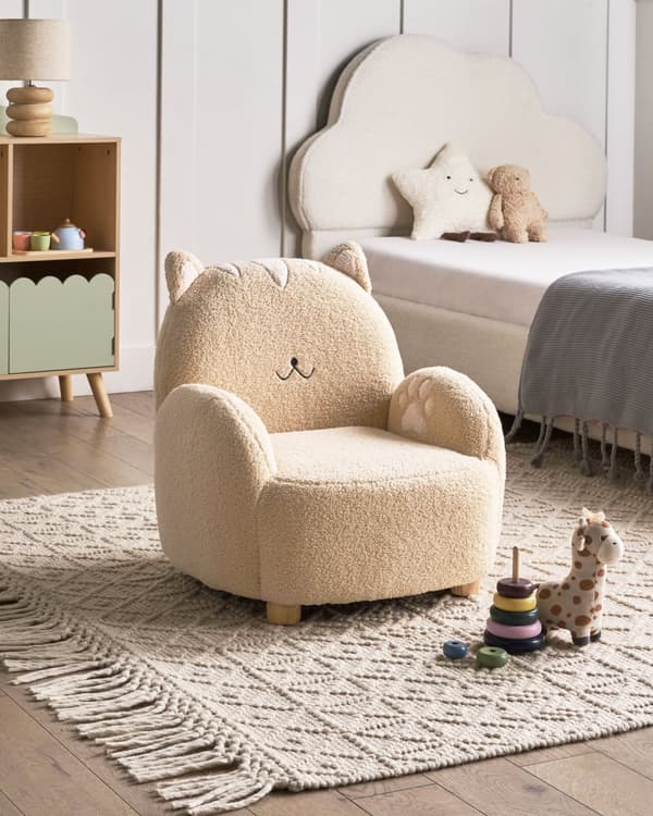 Lenestol for barn Beige Bouclé Formet som en katt Lavt sete Armlener Barnerom Barnestol
