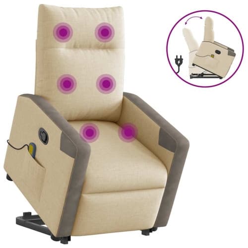 Massagefåtölj med uppresningshjälp gräddvit tyg