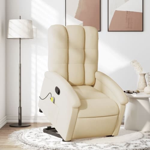 Massagefåtölj med uppresningshjälp gräddvit tyg
