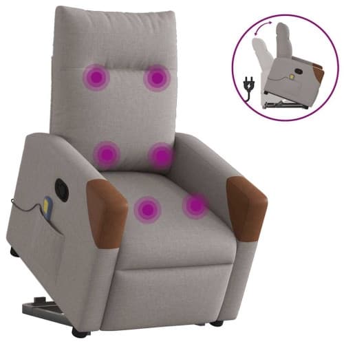 Massagefåtölj med uppresningshjälp taupe tyg