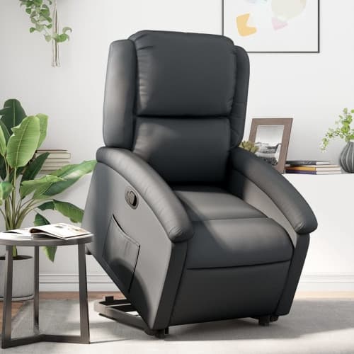 Reclinerfåtölj med uppresningshjälp svart äkta läder