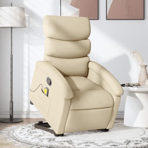 Massagefåtölj med uppresningshjälp gräddvit tyg