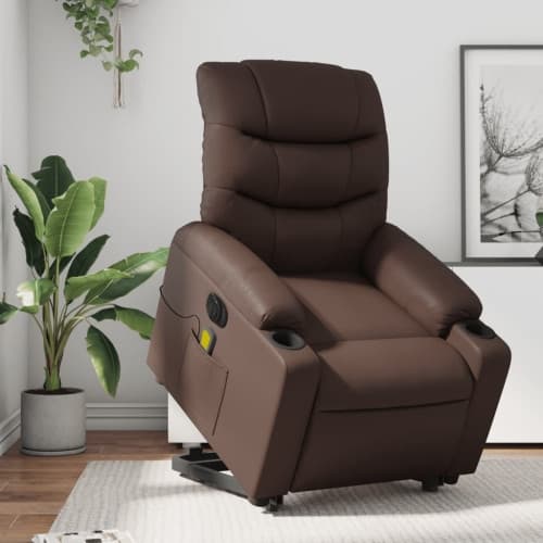 Massagefåtölj med uppresningshjälp brun konstläder