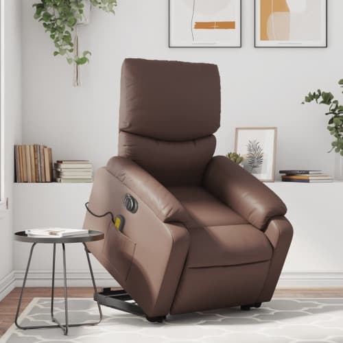 Massagefåtölj med uppresningshjälp brun konstläder