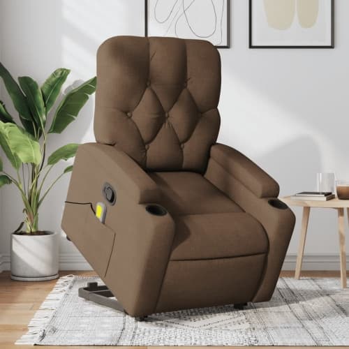 Massagefåtölj med uppresningshjälp brun tyg