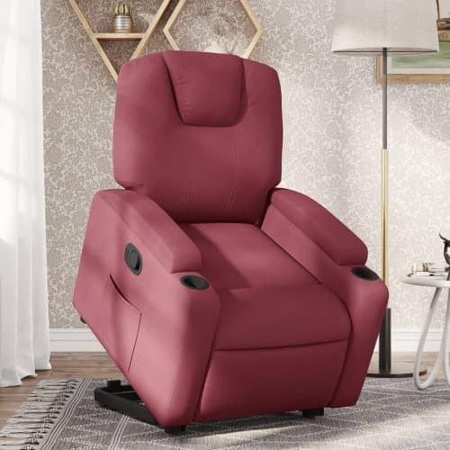 Reclinerfåtölj med uppresningshjälp vinröd tyg