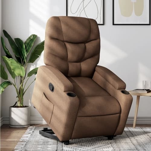 Reclinerfåtölj med uppresningshjälp brun tyg