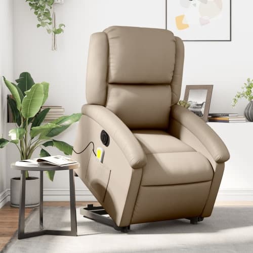 Massagefåtölj med uppresningshjälp cappuccino konstläder