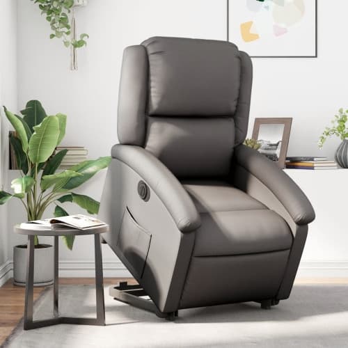 Reclinerfåtölj med uppresningshjälp grå äkta läder