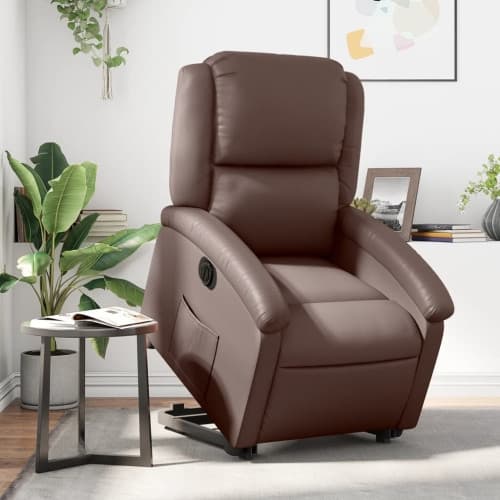 Reclinerfåtölj med uppresningshjälp brun konstläder