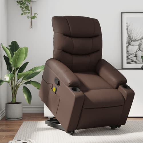 Massagefåtölj med uppresningshjälp brun konstläder