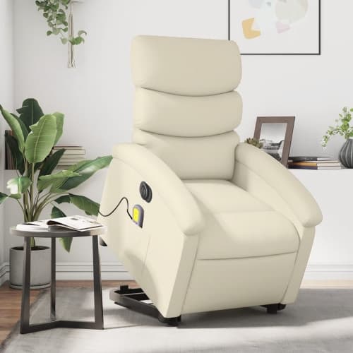 Massagefåtölj med uppresningshjälp gräddvit konstläder
