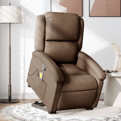 Massagefåtölj med uppresningshjälp brun tyg