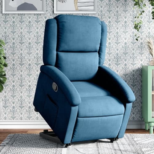 Reclinerfåtölj med uppresningshjälp blå sammet