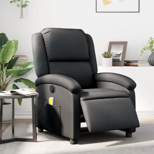 Elektrisk massagefåtölj svart äkta läder