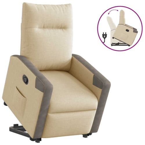 Reclinerfåtölj med uppresningshjälp gräddvit tyg