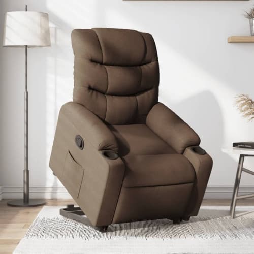 Reclinerfåtölj med uppresningshjälp brun tyg