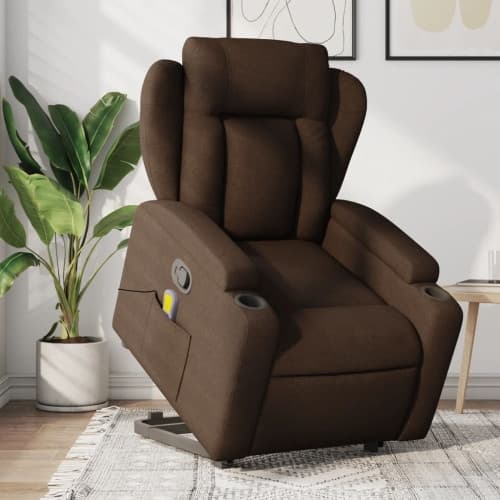 Massagefåtölj med uppresningshjälp brun tyg