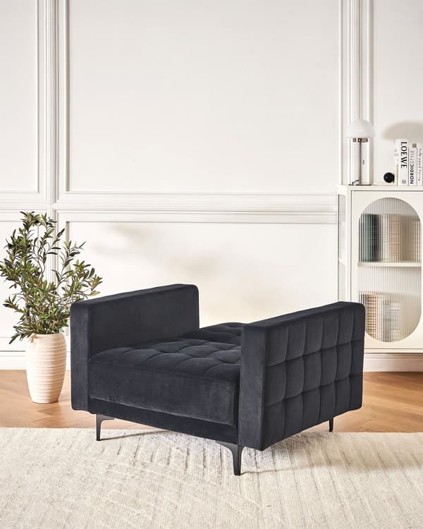 Lenestol Svart Fløyel Tufted Stoff Moderne Stue Liggestol Svart Ben Spor Arm