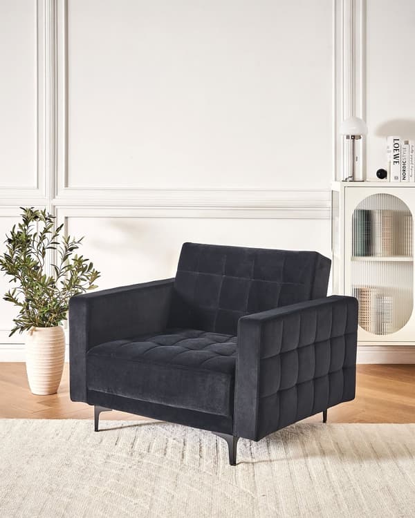 Lenestol Svart Fløyel Tufted Stoff Moderne Stue Liggestol Svart Ben Spor Arm