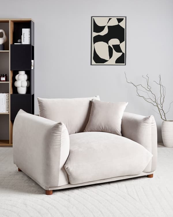 Lænestol Taupe Velour Hvilestol med Armlæn Bred Flyder Sofastol Lav ryg Design Stol til Stue
