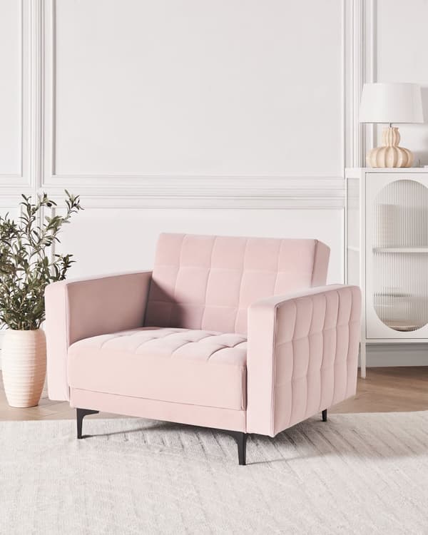 Lænestol Lyserød Velour Stuestol med Armlæn til Stuen Bred Hvilestol Polstret Design Møbel Sovestol med Sovefunktion God Liggekomfort