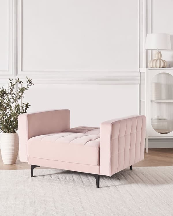 Lenestol Pastellrosa Fløyel Tufted Stoff Moderne Stue Liggestol Svart Ben Spor Arm