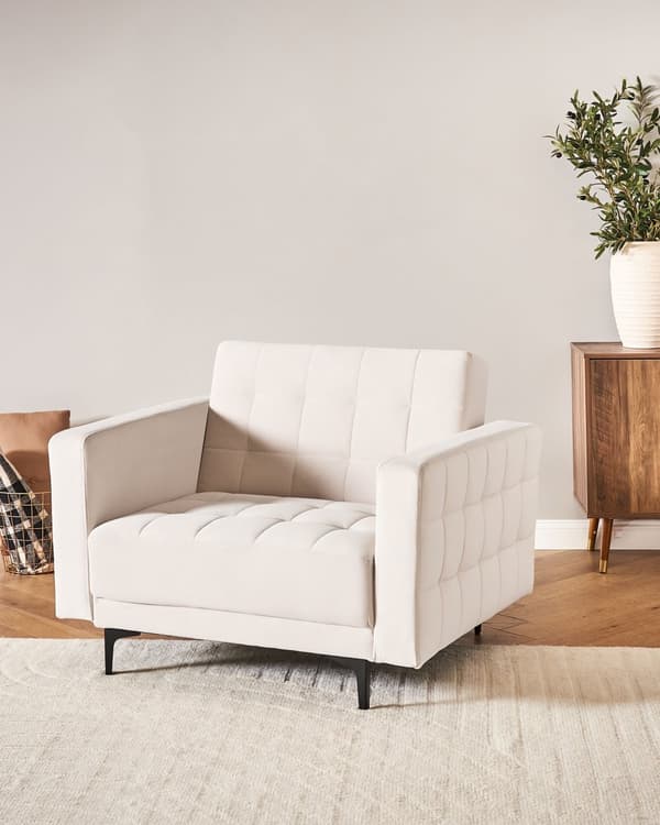 Lenestol Lysebeige Fløyel Tufted Stoff Moderne Stue Liggestol Svart Ben Spor Arm