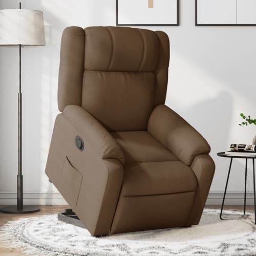 Reclinerfåtölj med uppresningshjälp brun tyg