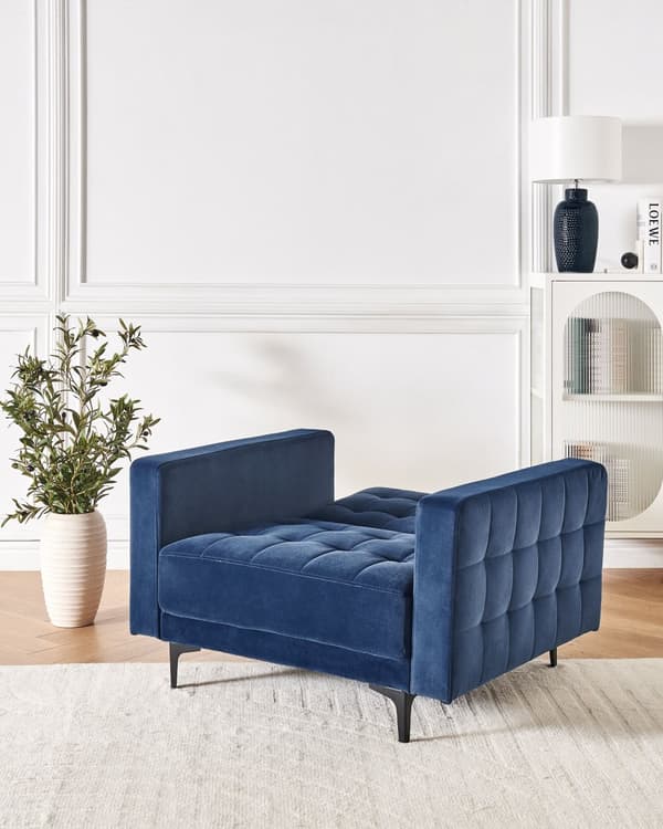 Lænestol Blå Velour Stuestol med Armlæn til Stuen Bred Hvilestol Polstret Design Møbel Sovestol med Sovefunktion God Liggekomfort