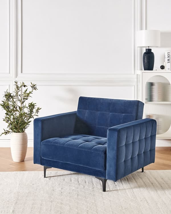 Lænestol Blå Velour Stuestol med Armlæn til Stuen Bred Hvilestol Polstret Design Møbel Sovestol med Sovefunktion God Liggekomfort