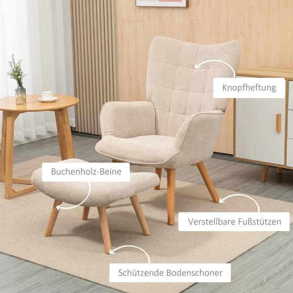 Lænestol med Fodskammel, 72x80x101 cm, Beige