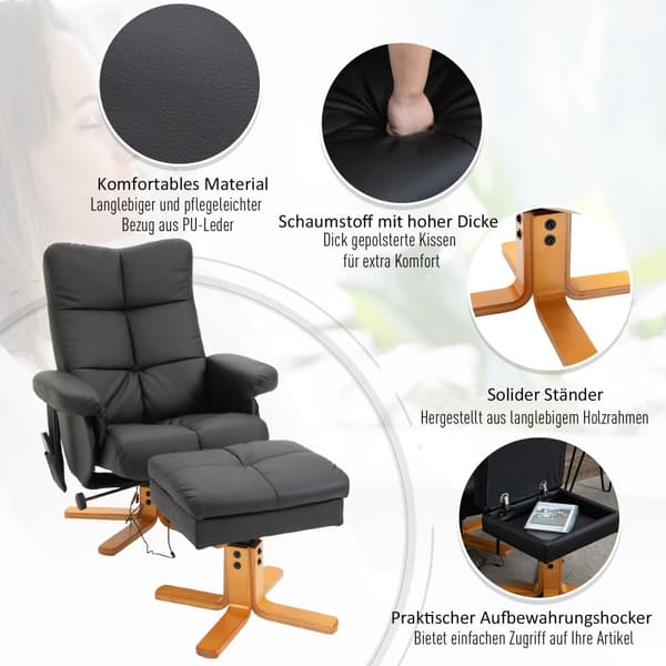 Massagestol med fotpall, 80x86x99 cm, Svart