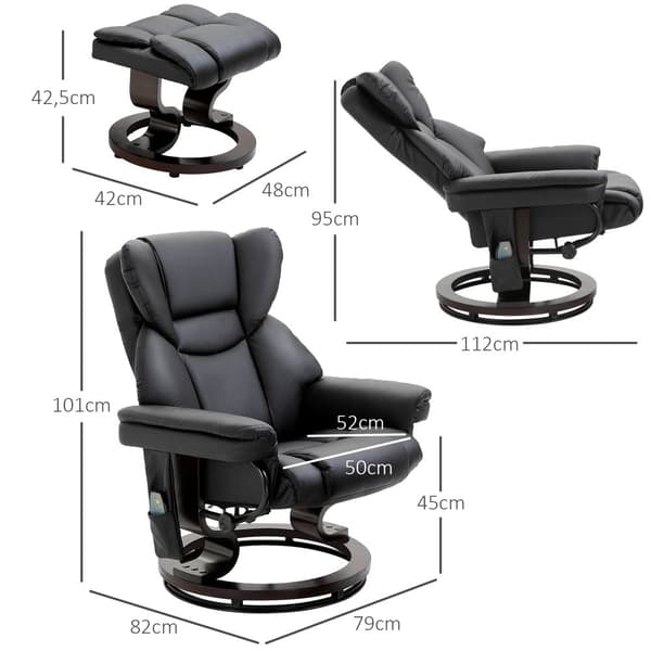 Afslapningsstol med massagefunktion, 79x82x101 cm (i siddende position), 80x112x95 cm (i liggende position), Sort