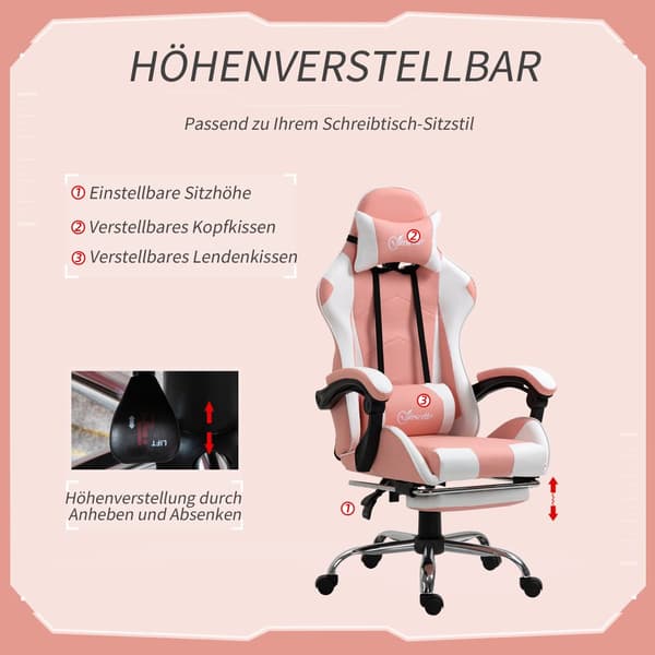Spelstol, 64x67x119-127 cm, Rosa och Vit